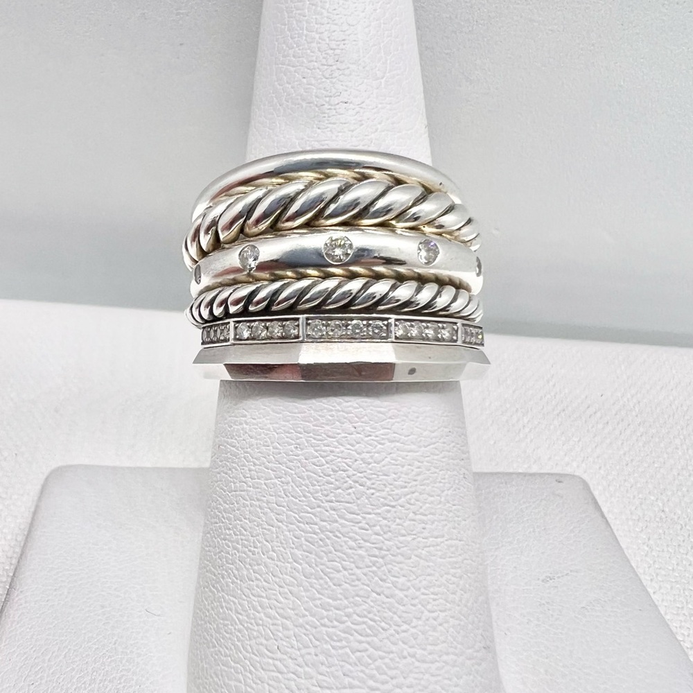 David Yurman Sterling Silver Pave Diamond Stax Six Row Band Ring - Picture 1 of 11